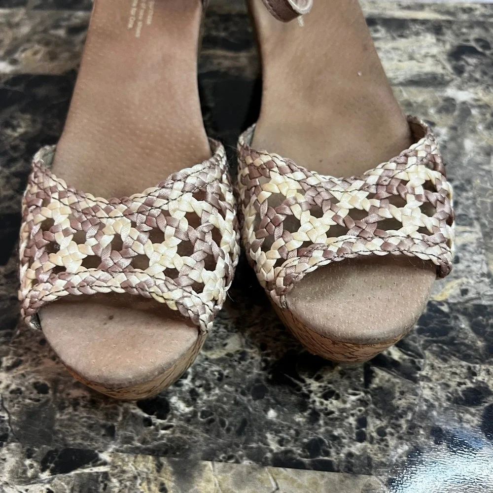 TOMS Platform Wedge Tan Stucco‎ Suede Woven Open Toe Cork Sandals Womens US 8